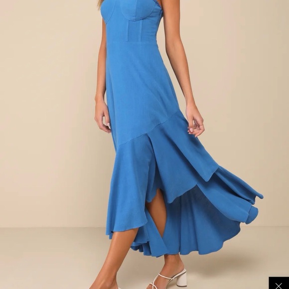 LULU’S Gorgeous Event Bright Blue Linen Strapless Ruffled Midi Dress SZ MED - Picture 3 of 9